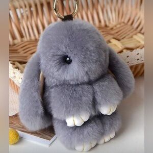 Luxe Bag Charm Slate Blue/Grey Furry Long Eared Bunny - NWT